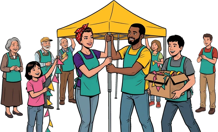 Vecinas y vecinos con petos de voluntario montan una carpa amarilla y cuelgan banderines