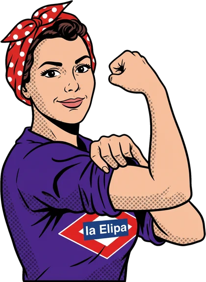 Vecina con pañuelo rojo y la camiseta morada de La Elipa, sacando músculo